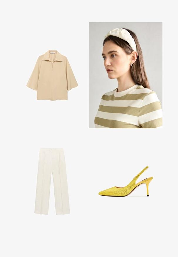 Bež bluza od lagane tkanine, sa širokim okovratnikom, polu dugmetom i rukavima do lakta s opuštenim krojem.; Hlače širokog kroja u svijetloj krem boji. Izrađene su od glatkog materijala s plisama sprijeda i bočnim džepovima.; Žute slingback visoke potpetice s šiljastim vrhom, prekrivene sitnim rhinestonesima. Ima tanke potpetice i mekano unutarnje postavljanje.; Kremasta podstavljena trakica za glavu s uvijenim dizajnom, uparen s bež i bijelom prugastom majicom s okruglim izrezom. Suptilni dodaci nakita.