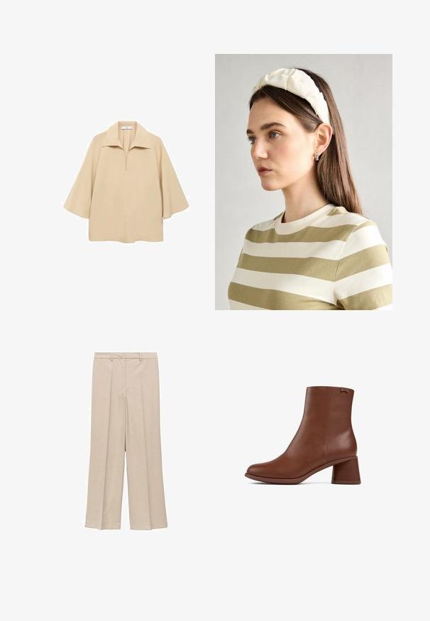 Beige blůza vyrobená z lehkého materiálu, s širokým límcem, půl placketem a rukávy do loktů s volným střihem.; Svetle béžové kalhoty širokého střihu s hladkým povrchem, zdobené skladbou na přední straně a postranními kapsami, s designem stahovaného pasu.; Camper KIARA - Kotníkové boty - mittelrot; Krémová polstrovaná čelenka s twist designem, doplněná béžovým a bílým pruhovaným tričkem s kulatým výstřihem. Jemné šperky.