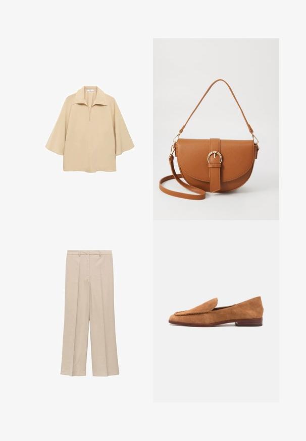 Beige blus gjord av lätt tyg, med en bred krage, halv knäppning och ärmar som når till armbågen med en lös passform.; Ljusbeiga vida byxor med en slät yta, som har en plisserad framsida och sidofickor, samt en åtsittande midja.; Bruna mocka loafers med rund tå, sydd detaljer framtill och en låg klack. Slät textur med en minimalistisk design.; Brun läder crossbody-väska med en böjd form, gyllene detaljer och en spänneaccent. Har en avtagbar axelrem.
