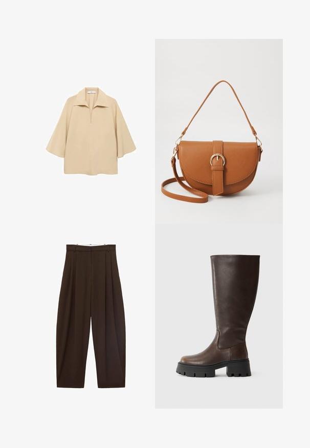 Bluză bej, realizată dintr-un material ușor, cu un guler larg, placket pe jumătate și mâneci până la cot, cu o croială lejeră.; Pantaloni maronii cu talie înaltă, cu pliuri, confecționați dintr-un material neted. Croi lejer, model cu picior drept, având bucle pentru curea și închidere cu fermoar.; Botă maro până la genunchi, fabricată dintr-o piele sintetică netedă, având o talpă platformă neagră masivă și cusături minime pentru un design elegant.; Geantă din piele maro, tip crossbody, cu o formă curbată, accesorii aurii și un accent cu cataramă. Dispune de un curea de umăr detașabilă.