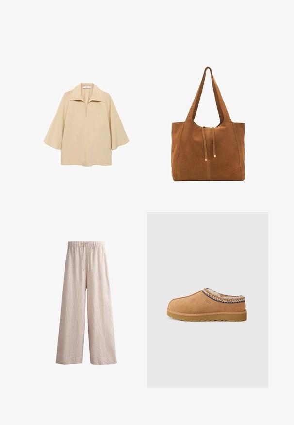 Bežna bluzica iz lahkega materiala, z širokim ovratnikom, polnim zatičem in rokavi do komolcev ter ohlapnim krojem.; Bež hlače širokega kroja iz lanenega materiala z elastiko in vrvico v pasu. Imajo teksturiran videz in so dolge do tal.; Svetlo rjave semiš cipele na slip-on s teksturiranom vunenom podlogom i dekorativnim etno šavovima oko ovratnika. Imaju gumeni potplat.; Rjava semiš torba z dvema dolgima ročajema, z vrvico za zapiranje in minimalističnim dizajnom. Gladka tekstura in brez vidnih kovinskih dodatkov.