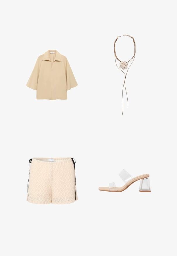 Beige blouse made of lightweight fabric, featuring a wide collar, half placket, and elbow-length sleeves with a loose fit.; Peach lace shorts with elastic waistband, side ties, and a chevron pattern. Soft texture and loose fit for comfort.; Transparent heeled sandals featuring two clear straps, a beige base, and a geometric clear block heel. Minimalist design with smooth texture.; Stradivarius FLORAL - Necklace - beige