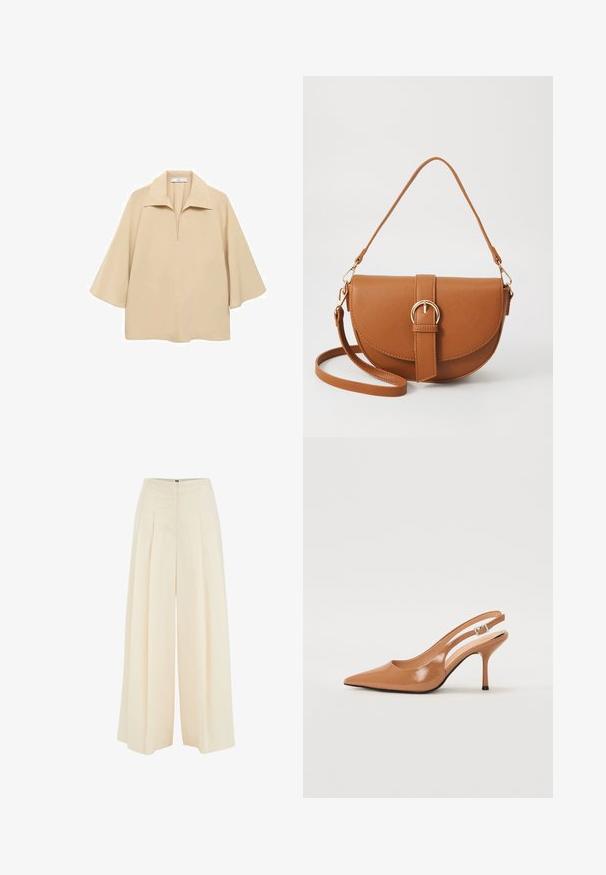 Beige Bluse aus leichtem Stoff, mit weitem Kragen, halbem Knopfverschluss und halblangen Ärmeln in lockerer Passform.; Weite Hosen aus leicht beigem Stoff, mit plissiertem Vorderdesign, hoher Taille und glatter Textur. Keine sichtbaren Beschläge oder Muster.; Spitz zulaufender Slingback-Absatz aus einem glatten, glänzenden, tanfarbenen Material. Mit einem geschwungenen Ausschnitt-Design und einem schlanken Stiletto-Absatz. Silberne Schnallendetails.; Braune Leder-Crossbody-Tasche mit geschwungener Form, goldfarbenen Beschlägen und einer Schnallenakzentuierung. Verfügt über einen abnehmbaren Schultergurt.