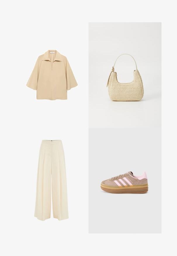 Béžová blúzka vyrobená z ľahkej tkaniny, s širokým golierom, poloklopom a rukávmi s dĺžkou po lakte, vo voľnom strihu.; Voľné nohavice v svetlej béžovej farbe, s plisovaným predným dizajnom, vysokým pásom a hladkou textúrou. Žiadne viditeľné kovové prvky ani vzory.; Svetlohnedé semišové tenisky s ružovými pruhmi a akcentmi, gumová podrážka, okrúly špička a štruktúrovaný jazyk. Obsahuje značku 'Gazelle'.; Tkaná slamenná kabelka v béžovej farbe s oblým tvarom, krátkym uškom a bočným zipsom. Má textúrovaný povrch a minimalistický dizajn.