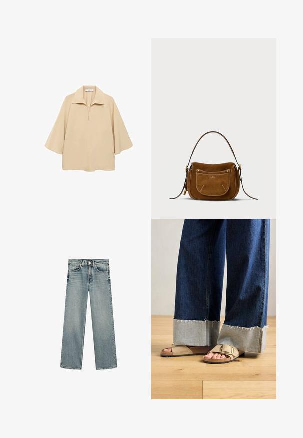 Blusa beige realizzata in un tessuto leggero, con un ampio colletto, mezza abbottonatura e maniche a tre quarti con vestibilità ampia.; Jeans dritti azzurri chiari in denim, con chiusura a bottone e zip, cinque tasche e orli grezzi.; Piedi che indossano sandali Birkenstock beige con fibbie d'oro, abbinati a jeans denim blu scuro arrotolati sulle caviglie, in piedi su un pavimento di legno.; Borsa a spalla in suede marrone con una forma curvata, cuciture a contrasto, dettagli in metallo dorato e una tasca frontale con zip.
