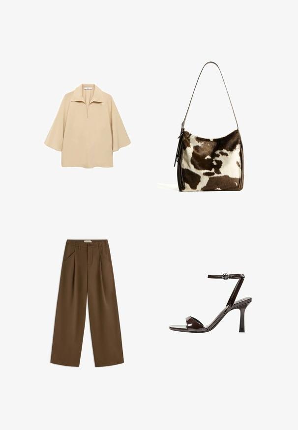 Beige blouse made of lightweight fabric, featuring a wide collar, half placket, and elbow-length sleeves with a loose fit.; Brown wide-leg trousers with a high waistband, featuring two front pleats, side pockets, and a single button closure. Smooth texture.; Brown patent leather high-heeled sandal with an ankle strap, open toe, and a sleek, minimalist design. Features a square heel.; Brown and cream cowhide shoulder bag with a smooth leather strap, zip closure, and a soft, textured surface featuring a natural pattern.