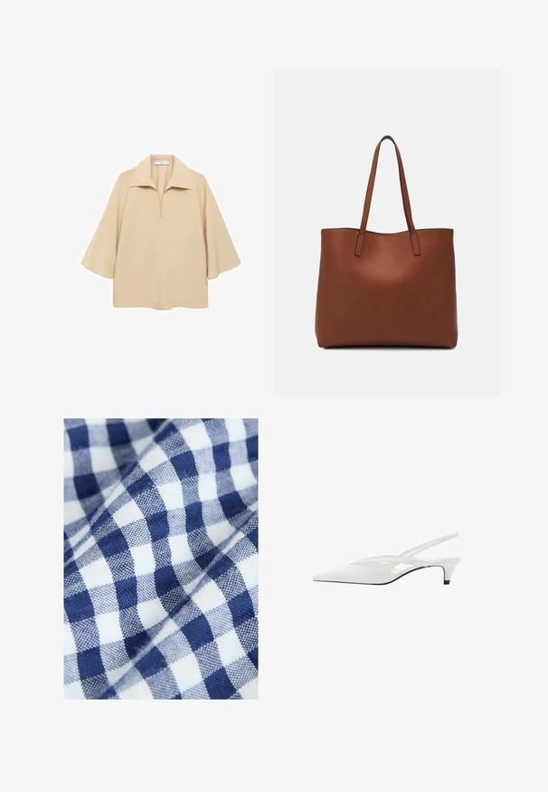 Beige blůza vyrobená z lehkého materiálu, s širokým límcem, půl placketem a rukávy do loktů s volným střihem.; Bavlněná tkanina s modrou a bílou kostkovanou vzorem má malé, pravidelné čtverečky. Textura vypadá tkaná a hladká.; Bílé slingback podpatky se špičatou špičkou, s hladkým svrškem, jemnými výřezy a nízkým blokovým podpatkem. Černá podrážka zvýrazňuje design.; Hnědá kožená taška přes rameno s hladkou texturou, otevřeným designem a dvěma ramenními popruhy. Obsahuje minimální švy a žádné viditelné kovové prvky.
