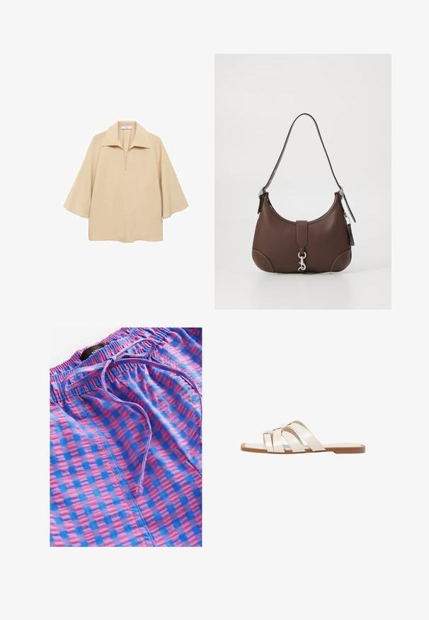Beige bluse lavet af letvægtsstof, med en bred krave, halv plissé og ærmer til albuen med en løs pasform.; Next PULL ON GINGHAM - Bukser - blue pink; Flade sandaler med en lys gummisål, designet med tre overlappende hvide læderremme og en lille sløjfe detalje i midten.; Brun læderhåndtaske med en rund form, sølv hardware og dekorativt syning. Har skulderrem og spændeåbning.