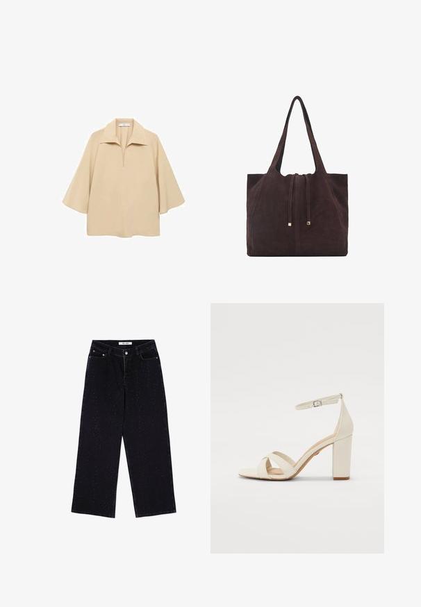 Beige blus gjord av lätt tyg, med en bred krage, halv knäppning och ärmar som når till armbågen med en lös passform.; Svarta vida jeans i denim med hög midja, framfickor och spridda nitar på tyget.; Krämfärgad klack sandal med fyrkantig tå, korsade remmar, ankelsnodd med spänne och en kraftig klack. Slät lädertextur.; Mango Shoppingväska - dark brown
