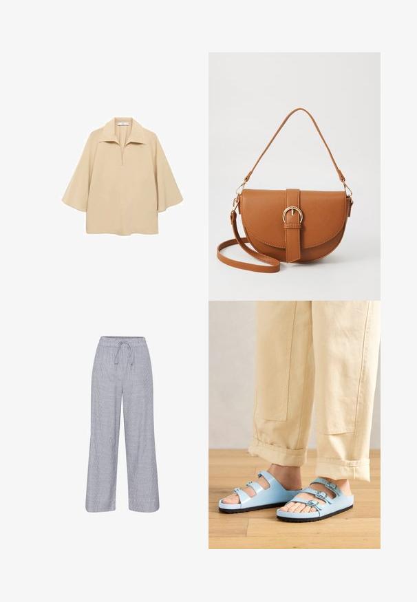 Beige blus gjord av lätt tyg, med en bred krage, halv knäppning och ärmar som når till armbågen med en lös passform.; Grå och vita randiga vida byxor med elastisk midja och dragsko. Lättviktig tyg med en avslappnad passform.; Ljusblåa slide-sandaler med tre justerbara remmar och silverfärgade spännen; strukturerad sula och slätt ovandelmaterial. Bärs med uppvikta beige byxor.; Brun läder crossbody-väska med en böjd form, gyllene detaljer och en spänneaccent. Har en avtagbar axelrem.