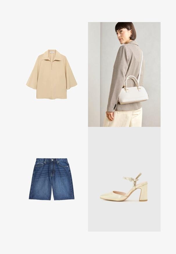 Beżowa bluzka z lekkiego materiału, wyposażona w szeroki kołnierzyk, pół zapięcie oraz rękawy do łokcia z luźnym krojem.; Marks & Spencer BERMUDA niebieski melanż; Złote metaliczne buty na obcasie z wąskim noskiem, paskiem wokół kostki z okrągłym zapięciem oraz masywnym obcasem. Gładka tekstura.; Biała torebka o strukturalnym kształcie z krótkimi uchwytami i paskiem na ramię, z złotymi akcentami i teksturowanym materiałem, prezentowana na szarym tle.