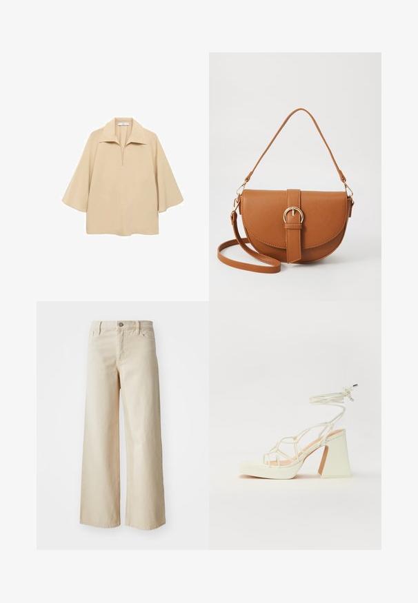 Bež bluza od lagane tkanine, sa širokim okovratnikom, polu dugmetom i rukavima do lakta s opuštenim krojem.; Bež traperice širokih nogavica, s visokim strukom, kopčanjem na gumb, petljama za remen i bočnim džepovima. Glatka tekstura i ležeran kroj.; Bijela sandala na visokoj potpetici s debelim petom, s remenom i vezanjem oko gležnja. Glatka tekstura s platformom sprijeda za dodatnu visinu.; Smeđa kožna torba preko tijela s zakrivljenim oblikom, zlatnim metalnim detaljima i naglaskom na kopču. Ima odvojivu naramenicu.