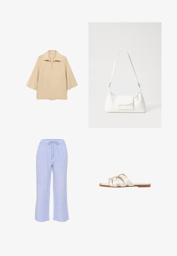 Blusa beige realizzata in un tessuto leggero, con un ampio colletto, mezza abbottonatura e maniche a tre quarti con vestibilità ampia.; Pantaloni a righe blu e bianche realizzati in tessuto leggero, con una vita elasticizzata dotata di cordino e una vestibilità dritta.; Infradito con suola in gomma color talpa, progettate con tre cinturini in pelle bianca sovrapposti e un piccolo dettaglio a fiocco al centro.; Borsa sintetica bianca a forma triangolare, con patta anteriore piatta e dettaglio a fiocco, tracolla regolabile, texture liscia e design minimalista.