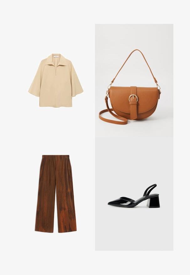 Bež bluza od lagane tkanine, sa širokim okovratnikom, polu dugmetom i rukavima do lakta s opuštenim krojem.; Smeđi široki hlače s naboranom teksturom, s vertikalnim prugama i mekanim završetkom. Elastičan pojas za udobnost.; Crne lakirane kožne sandale s otvorenom petom i špicastim vrhom, s geometrijskom blok petom. Imaju elegantan, minimalistički dizajn i glatku teksturu.; Smeđa kožna torba preko tijela s zakrivljenim oblikom, zlatnim metalnim detaljima i naglaskom na kopču. Ima odvojivu naramenicu.