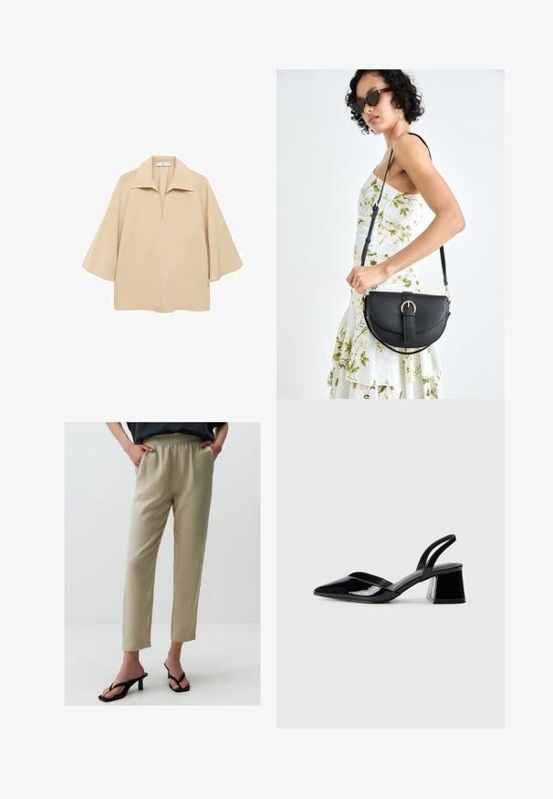 Beige Bluse aus leichtem Stoff, mit weitem Kragen, halbem Knopfverschluss und halblangen Ärmeln in lockerer Passform.; Hellbeige, hochtaillierte Hose mit einem elastischen Bund, geraden Beinen und glatter Textur. Kombiniert mit schwarzen, Absatzsandalen.; Schwarze Lackleder-Slingback-High Heels mit spitzem Schuh und einem geometrischen Blockabsatz. Verfügt über ein schlankes, minimalistisches Design und eine glatte Textur.; Schwarze Lederhandtasche mit geschwungener Form, abnehmbarem Tragegurt und goldenen Beschlägen. Die Tasche verfügt über einen Deckel mit einer Schnallen-Details.
