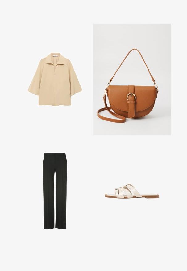 Bež bluza od lagane tkanine, sa širokim okovratnikom, polu dugmetom i rukavima do lakta s opuštenim krojem.; Crne hlače širokih nogawica napravljene od glatkog materijala; imaju ravni prednji dio s pregibanjem, petlje za remen i krojiran izgled.; Ravne sandale s smeškom od gume, dizajnirane s tri preklapajuće bele kožne trake i malim detaljem mašne u sredini.; Smeđa kožna torba preko tijela s zakrivljenim oblikom, zlatnim metalnim detaljima i naglaskom na kopču. Ima odvojivu naramenicu.