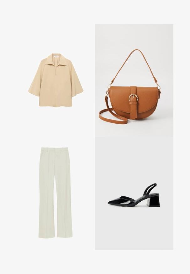 Beige bluse lavet af letvægtsstof, med en bred krave, halv plissé og ærmer til albuen med en løs pasform.; Lys beige bukser lavet af glat stof, med lige ben, fold ned foran og standard talje med bæltesløjfer.; Sorte patentlæder slingback hæle med spids tå og en geometrisk blok hæl. Har et elegant, minimalistisk design og en glat tekstur.; Brun læder crossbody taske med en buet form, guldfarvet hardware og en spændeaccent. Har en aftagelig skulderrem.