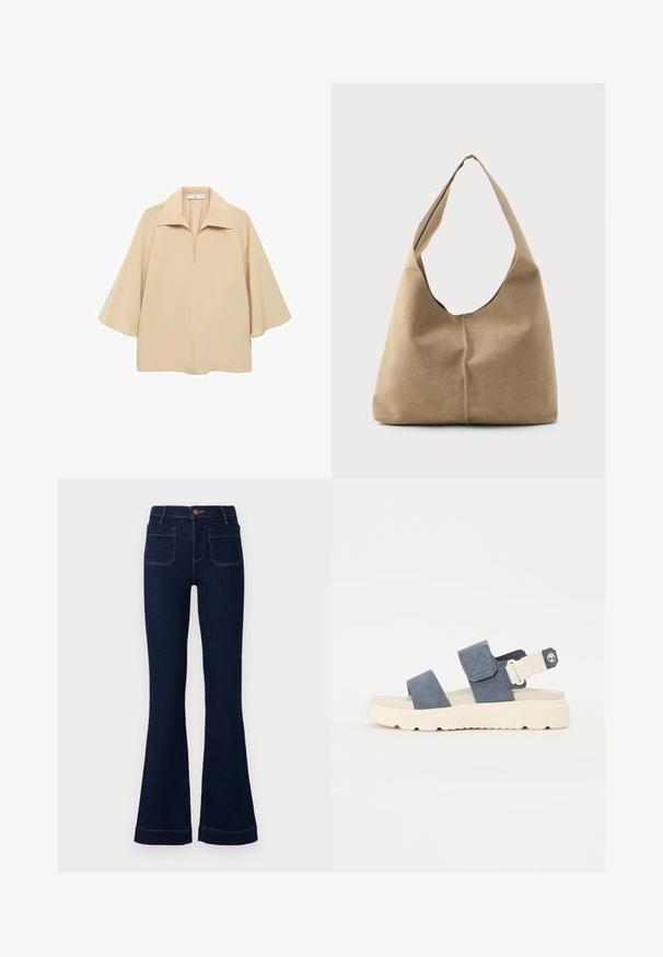 Beige blouse made of lightweight fabric, featuring a wide collar, half placket, and elbow-length sleeves with a loose fit.; Dark blue flared jeans with a high waist, five pockets, and contrasting stitching. Made of denim fabric with a smooth texture.; Blue suede sandal with two straps and an adjustable back. Thick cream-colored rubber sole with textured detailing and logo accent.; Hobo bag in soft beige suede with a slouchy shape, wide shoulder strap, and a hand-stitched seam detail along the front.