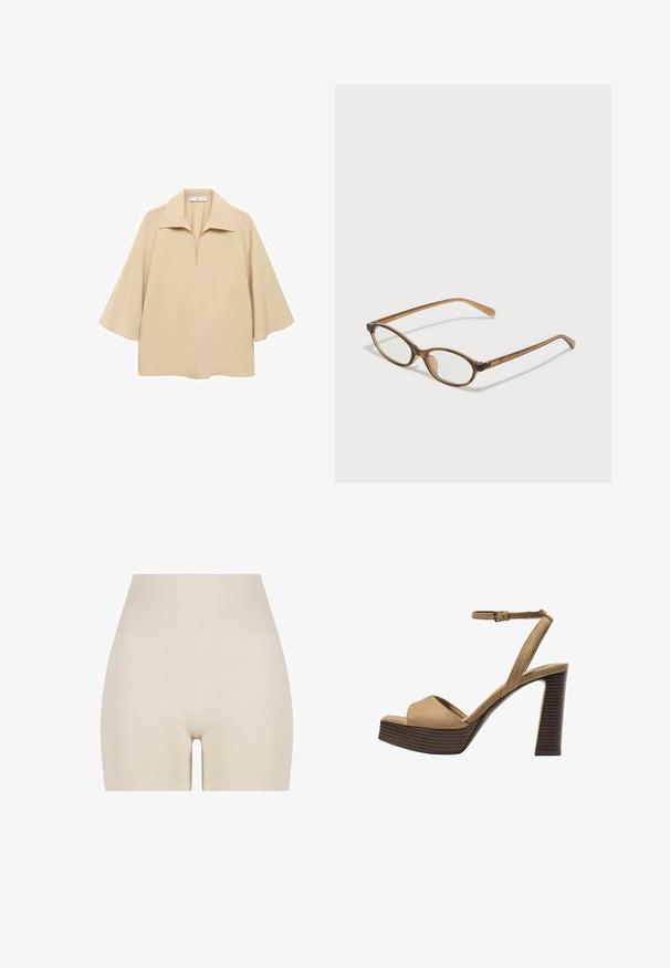Beige paita valmistettu kevyestä kankaasta, jossa on leveä kaulus, puolipitkä nappilista ja kyynärpäälle ulottuvat hihat löysällä istuvuudella.; Beige shorts med en mjuk textur, hög ribbad midja och elastisk passform, med en längd till mitten av låret och utan synliga mönster.; Beige-nahkareunaiset korkokengät, joissa on leveä etuolka ja ankle strap, varustettu paksulla puukengän korolla, jossa on tekstuuripinta.; Ruskeat kilpikonnaruutulasiset silmälasit, joissa ovaalit linssit, ohuet varret ja läpinäkyvät yksityiskohdat. Temppeleissä on huomaamaton logo. Suunnittelultaan suora ja kevyt.