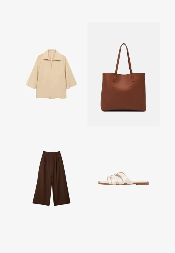 Blouse beige en tissu léger, dotée d'un large col, d'une demi-ouverte et de manches mi-longues avec une coupe ample.; Pantalon large marron avec des plis, poches latérales et taille haute avec passants de ceinture, présenté sur un fond blanc.; Sandales plates avec une semelle en caoutchouc beige, conçues avec trois brides en cuir blanc se chevauchant et un petit nœud au centre.; Sac fourre-tout en cuir marron avec une texture lisse, design à ouverture supérieure et deux poignées pour le porter à l'épaule. Présente des coutures minimales et aucun matériel visible.