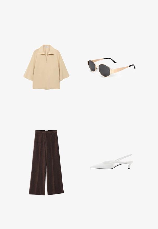Beige blůza vyrobená z lehkého materiálu, s širokým límcem, půl placketem a rukávy do loktů s volným střihem.; Hnědé kalhoty s širokými nohavicemi a jemným leskem, s hladkou texturou a dvěma předními sklady pro zvýraznění tvaru. Žádná viditelná kovová část nebo detaily.; Bílé slingback podpatky se špičatou špičkou, s hladkým svrškem, jemnými výřezy a nízkým blokovým podpatkem. Černá podrážka zvýrazňuje design.; Zlaté oválné sluneční brýle s tmavými skly, které mají elegantní design, tenké nožičky a černý akcent na spánku. Číslo modelu L37.