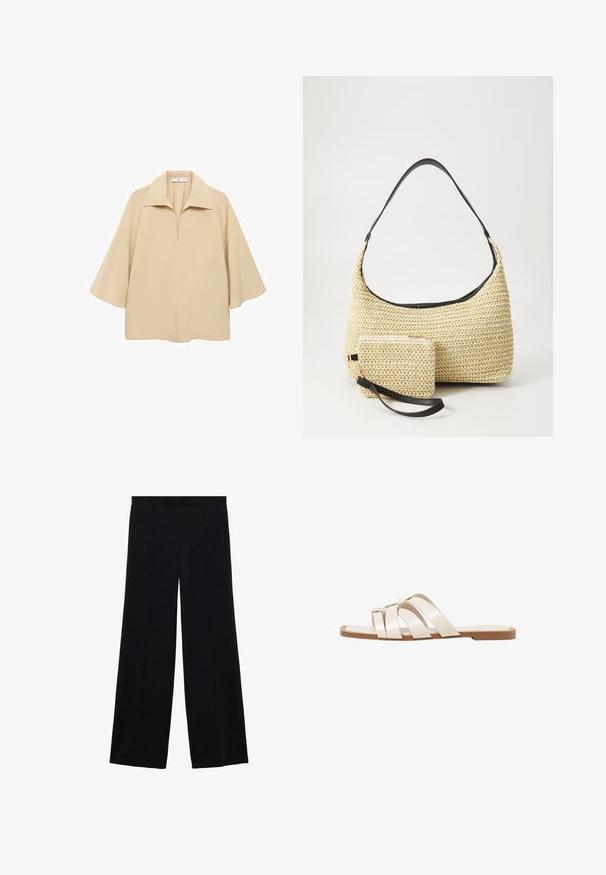 Bežna bluzica iz lahkega materiala, z širokim ovratnikom, polnim zatičem in rokavi do komolcev ter ohlapnim krojem.; Črne hlače širokega kroja, izdelane iz gladkega materiala, z visokim pasom, dvema sprednjima gubama in dolžino do tal.; Ravne sandale s svetlo rjavim gumijastim podplatom, zasnovane s tremi prekrivajočimi se belimi usnjenimi trakovi in majhnim lokom na sredini.; Tkana torbica iz slame s zakrivljenim siluetom, ki vključuje gladek črn usnjen trak in usklajen majhen žep, pritrjen z ročajem za zapestje.