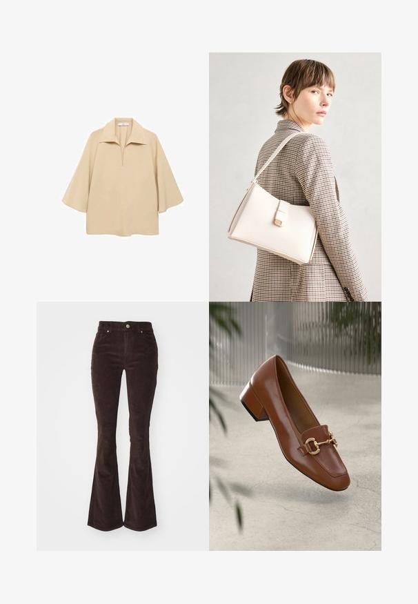 Bež bluza od lagane tkanine, sa širokim okovratnikom, polu dugmetom i rukavima do lakta s opuštenim krojem.; Vero Moda VMFLASH FLARED PANTS - Hlače - chocolate torte; Smeđi lakirani loafer s kvadratnim vrhom, metalnim lancem kao naglaskom i niskom blok petom; glatka tekstura, minimalistički dizajn.; Bijela kožna torba s čvrstim dizajnom, s magnetskim kopčanjem i remenom za rame, prikazana na neutralnoj pozadini.