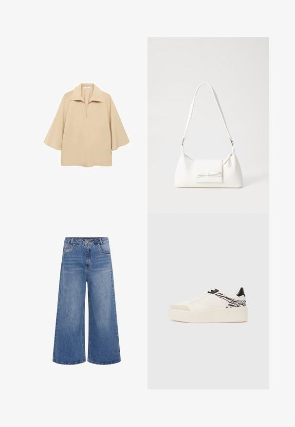 Bež bluza od lagane tkanine, sa širokim okovratnikom, polu dugmetom i rukavima do lakta s opuštenim krojem.; Široke plave traperice s visokim strukom, s kopčanjem na gumb, pet džepova i suptilnim izblijedjenjem. Šivani rub s klasičnim dizajnom.; Even&Odd Tenisice - white/black; Bijela sintetička torbica s trokutastim oblikom, ravnim prednjim poklopcem i detaljem u obliku mašne, podesivom remenom, glatkom teksturom i minimalističkim dizajnom.