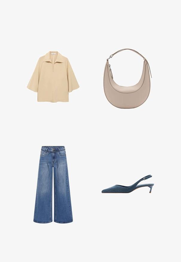 Bež bluza od lagane tkanine, sa širokim okovratnikom, polu dugmetom i rukavima do lakta s opuštenim krojem.; My Essential Wardrobe MID WIDE - Trapezaste traperice - medium blue wash; Kobalt plave slingback štikle sa šiljastim vrhom i niskom, tankom potpeticom. Imaju teksturirani materijal u tamnoplavoj boji i elegantan, uski dizajn.; Bež kožna torba za rame u obliku polumjeseca, glatke teksture i s jednim zakrivljenim ručkom. Sadrži zatvor na zip i uredno šivenje.