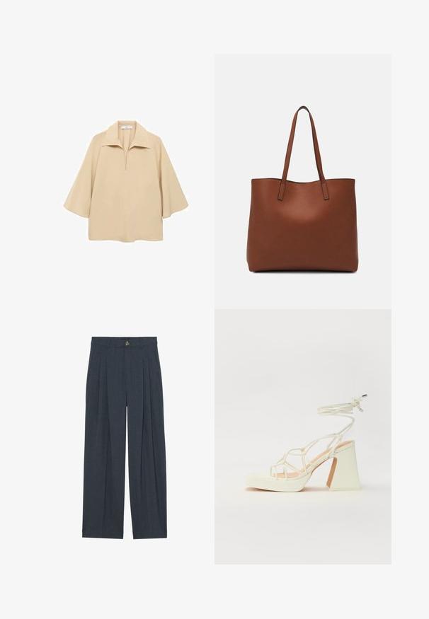 Beige blouse made of lightweight fabric, featuring a wide collar, half placket, and elbow-length sleeves with a loose fit.; Wide-leg trousers made of textured dark gray fabric, featuring front pleats, a button closure, and side pockets for added functionality.; White high-heeled sandal with a chunky heel, featuring a strappy design and ankle tie. Smooth texture with a platform front for added height.; Brown leather tote bag with a smooth texture, open top design, and two shoulder straps. Features minimal stitching and no visible hardware.