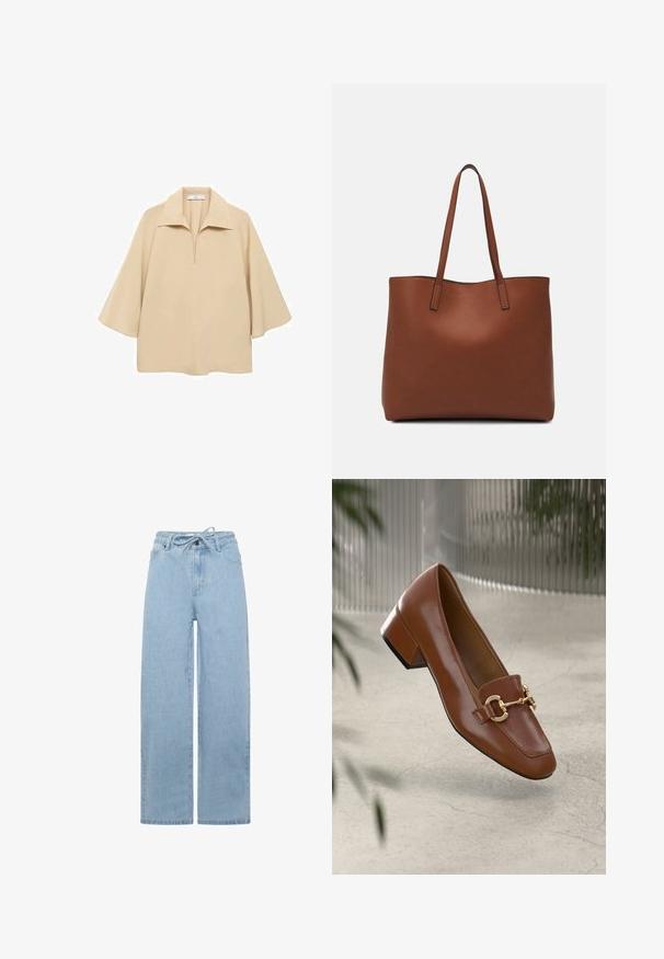 Bež bluza od lagane tkanine, sa širokim okovratnikom, polu dugmetom i rukavima do lakta s opuštenim krojem.; Svijetloplavi široki traperice od denima, s pojasom na šnuru i standardnim dizajnom s pet džepova. Tkanina ima gladak teksturu.; Smeđi lakirani loafer s kvadratnim vrhom, metalnim lancem kao naglaskom i niskom blok petom; glatka tekstura, minimalistički dizajn.; Smeđa kožna torba preko ramena s glatkom teksturom, otvorenim vrhom i dvjema naramenicama. Ima minimalne šavove i nema vidljivog hardvera.