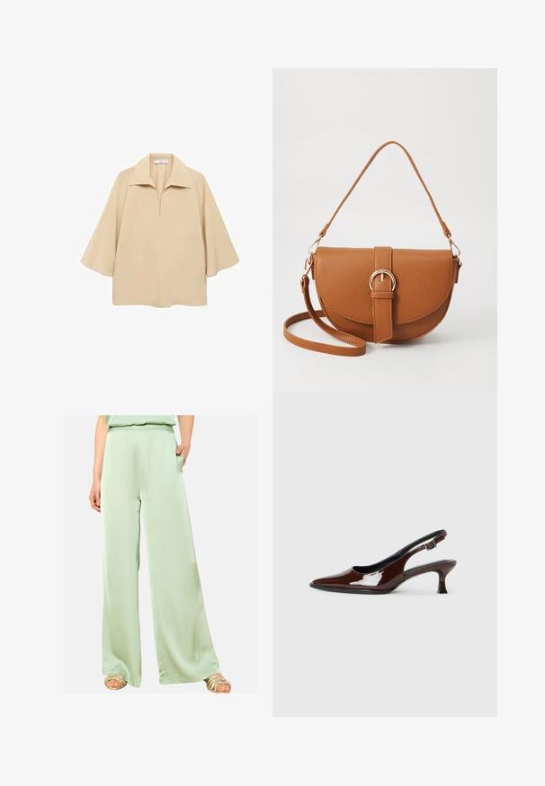Beige blouse made of lightweight fabric, featuring a wide collar, half placket, and elbow-length sleeves with a loose fit.; LolaLiza Trousers - mint green; Brown patent leather slingback shoe with a pointed toe and a moderate heel. Features a buckle strap for secure fit. Smooth texture.; Brown leather crossbody bag with a curved shape, gold hardware, and a buckle accent. Features a detachable shoulder strap.