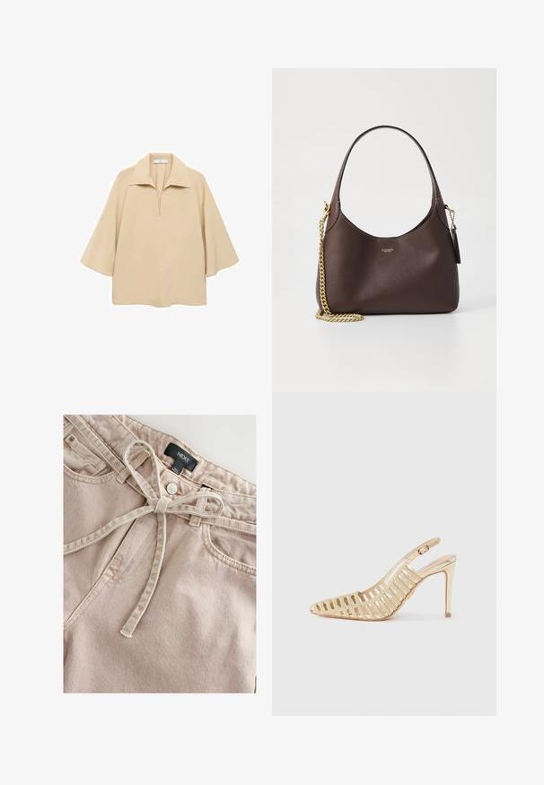 Beige paita valmistettu kevyestä kankaasta, jossa on leveä kaulus, puolipitkä nappilista ja kyynärpäälle ulottuvat hihat löysällä istuvuudella.; Vaaleanpunaiset puuvillahousut, joissa on tasainen etuosa, solmio-vyö ja hienovarainen tekstuuri. Varustettu napituksella ja etutaskuilla. Merkki: NEXT.; Kulta slingback-korkokenkä, jossa on leikattu muotoilu, kärki on terävä ja pinta on sileä metallinhohtoinen.; COACH BROOKLYN SHOULDER BAG 23 - Käsilaukku - maple