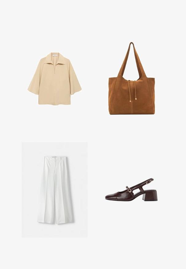 Beige blus gjord av lätt tyg, med en bred krage, halv knäppning och ärmar som når till armbågen med en lös passform.; Bershka WIDE-LEG TAILORED - Tygbyxor - white; Bruna läderslingbackpumps med fyrkantig tå, urklippta sidor och klack. Har ett spänne på ankelremmen.; Brun mockaläders toteväska med två långa remmar, dragsko-stängning och minimalistisk design. Slät textur och inga synliga metallaccenter.