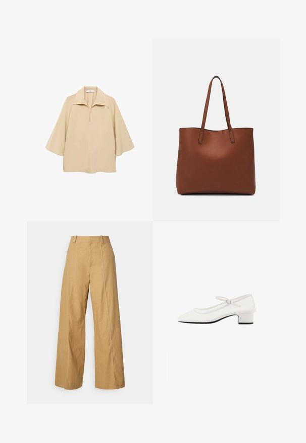 Bežna bluzica iz lahkega materiala, z širokim ovratnikom, polnim zatičem in rokavi do komolcev ter ohlapnim krojem.; Bež široke hlače iz lana z gladko teksturo, z visokim pasom, stranskimi šivi in kontrastnimi šivi.; Bele patent usnjene Mary Jane čevlje z zaokroženim prstom, srednje visokim debelim petam in prilagodljivim trakom s srebrno zaponko.; Rjava usnjena torba z gladko teksturo, odprto zasnovo zgoraj in dvema naramnima trakovoma. Opremljena je z minimalnim šivanjem in brez vidnih kovinskih delov.