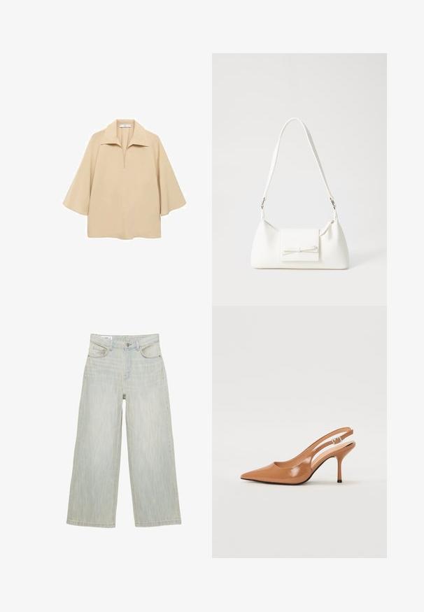 Béžová blúzka vyrobená z ľahkej tkaniny, s širokým golierom, poloklopom a rukávmi s dĺžkou po lakte, vo voľnom strihu.; Svetlomodré široké džínsy s vysokým pásom, predným gombíkom, zipsom, pútkami na opasok a piatimi vreckami.; Sandal s úzkym podpätkom a špicatou špičkou v hladkej lesklej hnedej materiáli. Obsahuje zakrivený výrez a štíhly ihlový podpätok. Strieborný prackový detail.; Biela syntetická kabelka s trojuholníkovým tvarom, plochým predným klapkou a detailom mašle, nastaviteľným popruhom, hladkou textúrou a minimalistickým dizajnom.