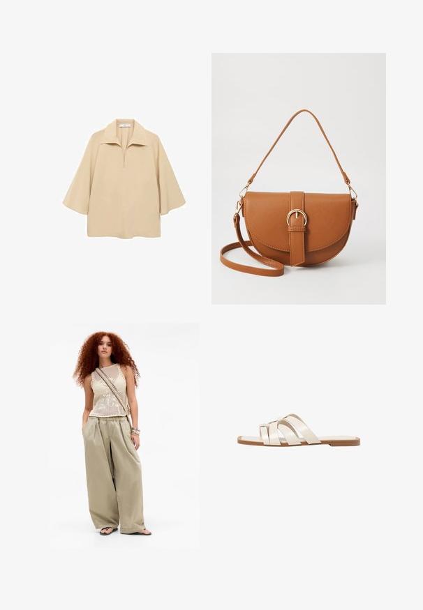 Beige paita valmistettu kevyestä kankaasta, jossa on leveä kaulus, puolipitkä nappilista ja kyynärpäälle ulottuvat hihat löysällä istuvuudella.; Nuori nainen, jolla on pitkät kiharat punaiset hiukset, pukeutuneena beigeen hihattomaan neulepaitaan, leveälahkeisiin khaki-housuihin, flip-flop-sandaaleihin, olkahihnasummaan ja rannekoruihin.; Tason vaaleanruskealla kumipohjalla, jossa on kolme päällekkäistä valkoista nahkaremmiä ja pieni satiininen rusetti keskellä.; Ruskean nahkainen olkalaukku, jossa on kaareva muoto, kultaiset yksityiskohdat ja solkiyksityiskohta. Varustettu irrotettavalla olkahihnalla.