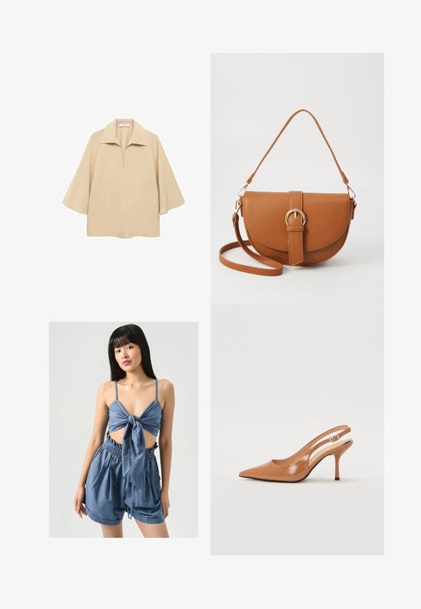 Beige blůza vyrobená z lehkého materiálu, s širokým límcem, půl placketem a rukávy do loktů s volným střihem.; Laurella Šortky - grey; Sandy poprsko s úzkým podpatkem v hladkém, lesklém odstínu tan. Obsahuje zakřivený design s výřezem a štíhlý jehlový podpatek. Detail se stříbrnou sponou.; Hnědá kožená křížová taška s zakřiveným tvarem, zlatými detaily a akcentem s přezkou. Obsahuje odnímatelný popruh na rameno.