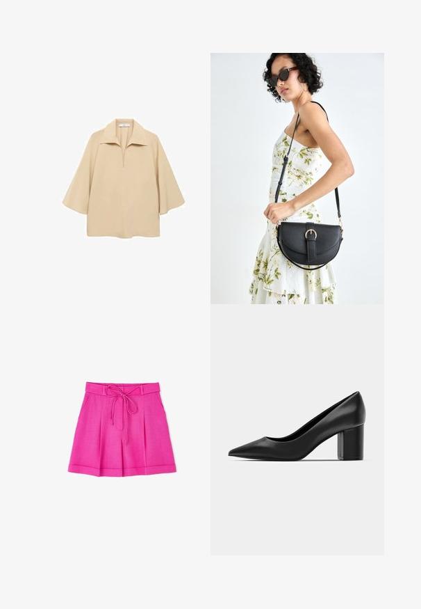 Blusa beige realizzata in un tessuto leggero, con un ampio colletto, mezza abbottonatura e maniche a tre quarti con vestibilità ampia.; Pantaloni corti rosa realizzati in tessuto leggero con cinturino annodato, dotati di pieghe e due tasche laterali. Texture liscia, design casual.; Decolleté in pelle nera con punteggiatura e tacco quadrato spesso. Texture liscia, design semplice, adatto per ambienti formali.; Borsa a tracolla nera in pelle con una forma curva, manico rimovibile e accessori dorati. La borsa presenta una patta con un dettaglio a fibbia.