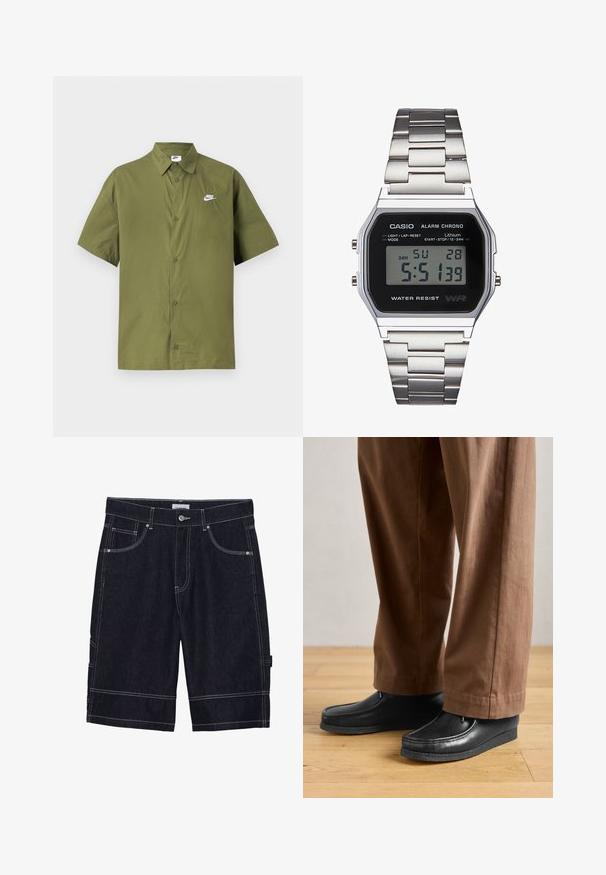 Camicetta a maniche corte di colore verde oliva realizzata in tessuto leggero, con chiusura a bottoni e un piccolo logo bianco della Nike sul petto sinistro.; Shorts in denim scuro con cuciture a contrasto, cinque tasche, chiusura a bottone e design a taglio dritto. Nessun motivo o trama visibili.; Scarpe in pelle nera con design mocassino e dettagli cuciti, abbinate a pantaloni marroni, su un pavimento di legno.; Orologio digitale Casio con quadrante nero, cinturino in acciaio inox argentato, cassa rettangolare e pulsanti per luce, azzeramento giro e regolazioni della modalità.