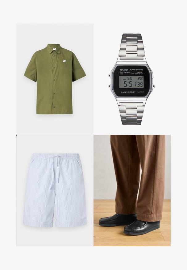 Camicetta a maniche corte di colore verde oliva realizzata in tessuto leggero, con chiusura a bottoni e un piccolo logo bianco della Nike sul petto sinistro.; Costume da bagno a strisce blu e bianche realizzato in tessuto leggero, con vita elastica e cordino, e tasche laterali.; Scarpe in pelle nera con design mocassino e dettagli cuciti, abbinate a pantaloni marroni, su un pavimento di legno.; Orologio digitale Casio con quadrante nero, cinturino in acciaio inox argentato, cassa rettangolare e pulsanti per luce, azzeramento giro e regolazioni della modalità.