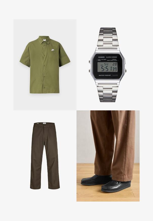 Chemise à manches courtes, couleur olive, en tissu léger, avec un devant à boutons et un petit logo Nike blanc sur la poitrine gauche.; Chinos marron foncé avec une coupe droite, confectionnés en tissu durable. Présentent une fermeture à bouton et des poches avant. Texture lisse.; Chaussures en cuir noir au design mocassin avec des détails de couture, accompagnées de pantalons bruns, sur un sol en bois.; Montre Casio numérique avec un cadran noir, un bracelet en acier inoxydable argenté, un boîtier rectangulaire et des boutons pour la lumière, le réinitialisation des tours et les réglages de mode.