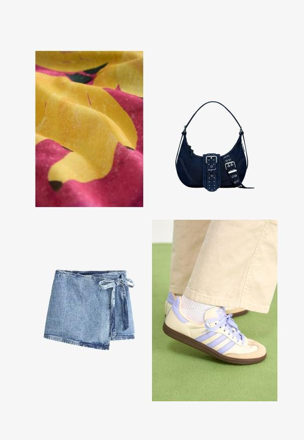 Žuta tkanina s šarenim cvjetnim uzorkom koji sadrži velike žute latice i ružičaste naglaske, prikazujući mekanu teksturu i blagi sjaj.; Denim suknja omota u svijetloplavoj boji, s vezivanjem na mašnu. Tkanina ima teksturirani završetak i sirovi rub s kontrastnim šavovima.; Kremasto-ljubičaste tenisice s tri pruge i strukturiranim smeškim potplatom, s vezicama i podstavljenim petom. Mekana gornja tkanina.; Tamno plava traka torba s ravnim vrhom, srebrni dodaci, odvažan metalni kopča i zakovice na remenima. Vidljiva pregrada s patentnim zatvaračem.