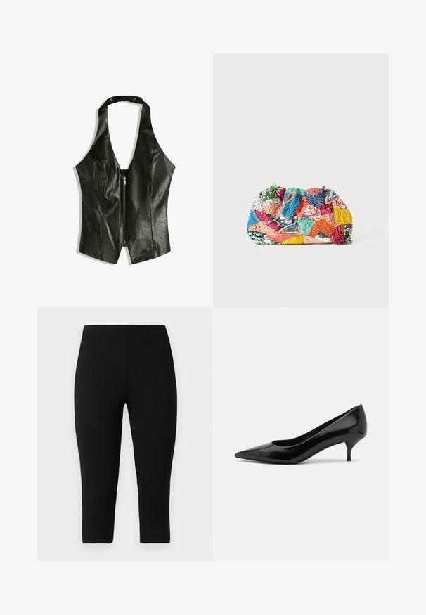 Black leather halter top with a deep V-neck, featuring a front zipper and a gathered neck strap for added detail and texture.; Black capri leggings made of stretchy material, featuring a snug fit and smooth texture, with no prominent patterns or accents.; Black patent leather high heel shoe with a pointed toe and a low stiletto heel. Smooth texture and minimalist design, no visible patterns or accents.; Colorful woven clutch bag featuring various patterns in pink, blue, green, and yellow, with textured embellishments and decorative accents.