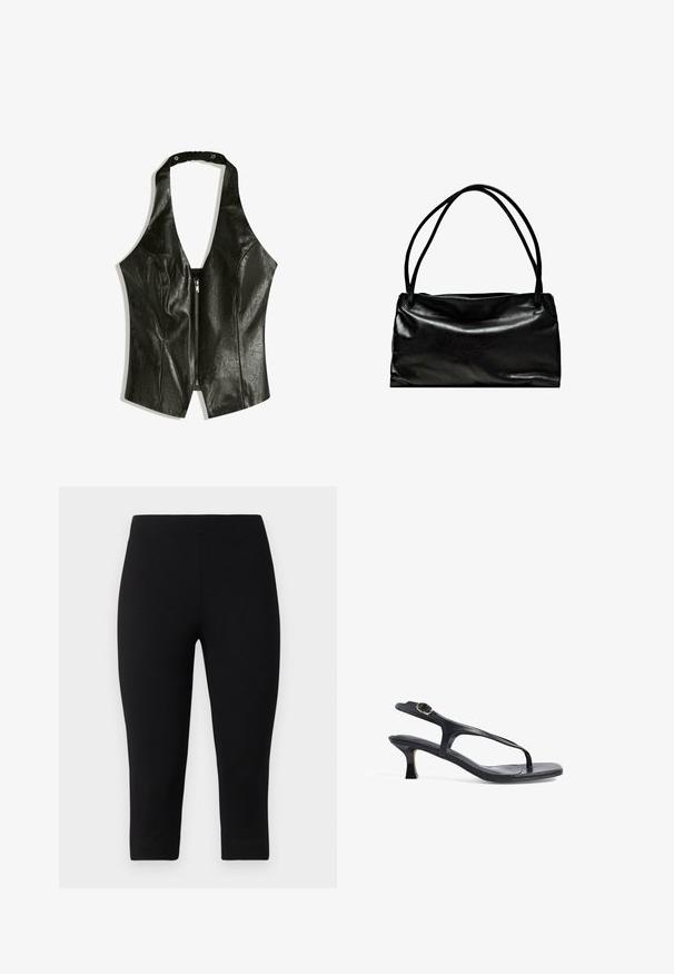 Schwarzes Leder-Haltertop mit tiefem V-Ausschnitt, ausgestattet mit einem Frontreißverschluss und einem gerafften Nackenband für zusätzlichen Detailreichtum und Textur.; Schwarze Capri-Leggings aus dehnbarem Material, die eng anliegen und eine glatte Textur aufweisen, ohne auffällige Muster oder Akzente.; Schwarze Ledersandale mit schlankem Design, dünnen Riemen und einem kleinen Absatz. Verfügt über eine Schnallenakzent und eine glatt strukturierten Fußbett.; Schwarze Lederhandtasche mit einer glatten Oberfläche, rechteckiger Form und zwei langen Griffen. Einfaches Design ohne sichtbare Beschläge oder Verzierungen.