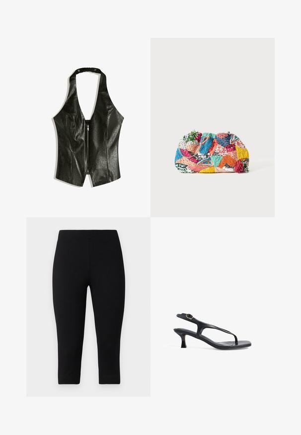 Čierny kožený halter top s hlbokým V-výstrihom, so zipsom vpredu a nariaseným krčnými popruhmi pre pridaný detail a textúru.; Čierne 3/4 legíny vyrobené z elastického materiálu, s priliehavým strihom a hladkou textúrou, bez viditeľných vzorov alebo akcentov.; Čierne kožené sandále s elegantným dizajnom, tenkými popruhmi a nízkym podpätkom. Obsahujú kovovú sponu a hladký, textúrovaný stielku.; Farebná pletená kabelka s rôznymi vzormi v ružovej, modrej, zelenej a žltej farbe, s textúrovanými ozdobami a dekoratívnymi akcentmi.