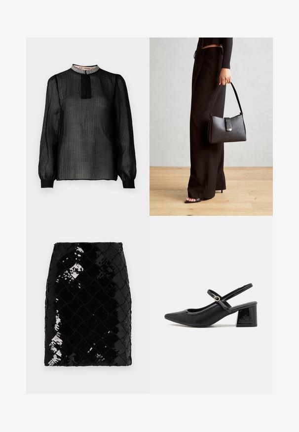 Černá, průhledná blůza s dlouhým rukávem, s plisovaným designem, vysokým límcem zdobeným korálky a elastickými manžetami.; Černá mini sukně z flitrů s diamantovým vzorem, s texturovaným povrchem a přiléhavým střihem. Jednoduchý pás na vrchu.; Černé lakované lodičky s otevřenou patou, špičatou špičkou, zaobleným střihem a blokovým podpatkem. Zdobené akcentem v zlatém tónu.; Černá kabelka se strukturovaným tvarem, hladkým povrchem a kovovým uzávěrem. Kombinována s širokými černými kalhotami a sandály s otevřenou špičkou na dřevěné podlaze.