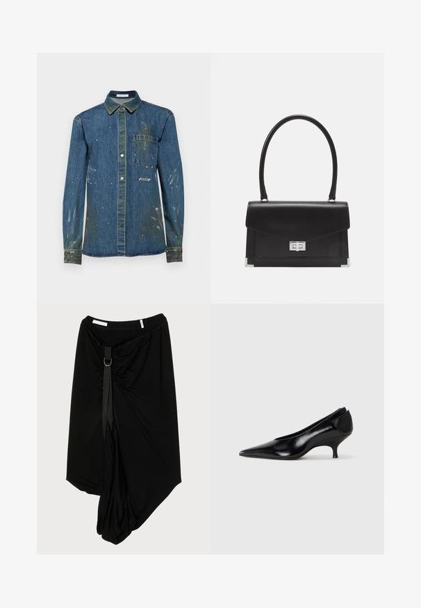 Meeste teksapaita, sinine, millel on kulumise jälgi ja valged värvilaigud, nööpkinni disain, pikad varrukad, rinnatasku ja terav krae.; Must mustriga mustri, mis on valmistatud pehmest kangast, esiküljel on kogutud detail koos dekoratiivse rihma ja metallist rõngasaktsendiga.; Mustmust musta king varvas, madal konts, voolujooneline disain ja sile tekstuur. Omab libisevat stiili, ilma nähtava riistmikuta.; Mustmust mustkott mustmustu kujundusega, ülemise käepidemega ja hõbedase sulgemisega. Omab nurkades aktsente ja sujuvat tekstuuri.