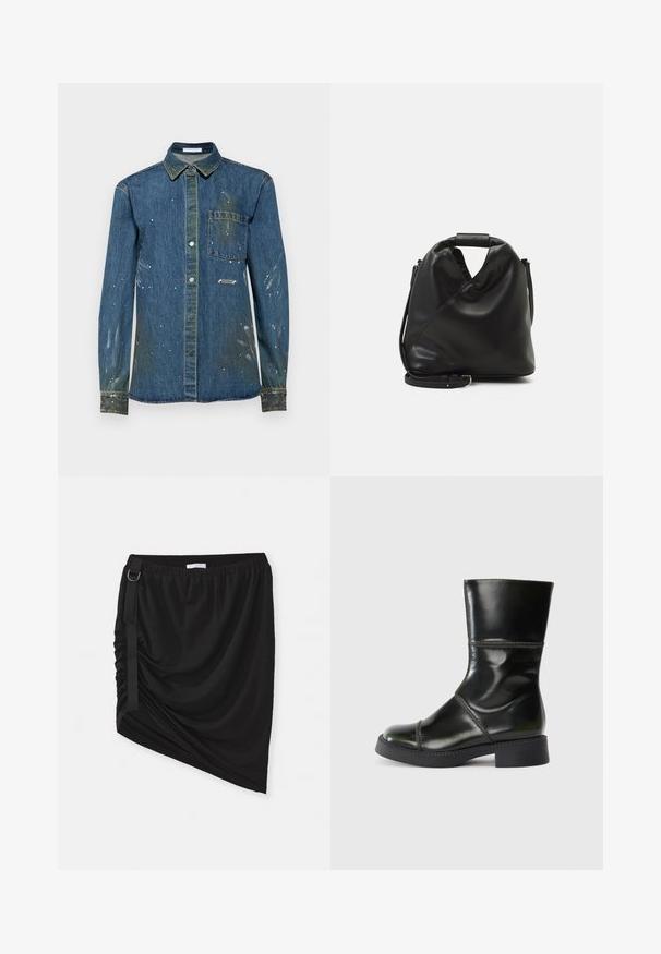 Miesten farkkupaita, sininen, jossa on kuluneita kohtia ja valkoisia maalausläiskiä, napitettava malli, pitkät hihat, rintatasku ja terävä kaulus.; Musta rypistetty hame, joka on valmistettu pehmeästä kankaasta, ja jossa on epäsymmetrinen helma sekä sivuhihna, jossa on metallirenkaan yksityiskohta.; Musta nahkainen nilkkuri, jossa on pyöristetty kärki, sileä pinta, erottuva tikkaus ja lohkoalusta, jonka siluetti on hieman kapeneva.; Mustan, pehmeän nahkabagin ainutlaatuinen kierretty muotoilu. Varustettu lyhyellä kahvalla ja irrotettavalla olkahihnalla. Minimalistinen tyyli.