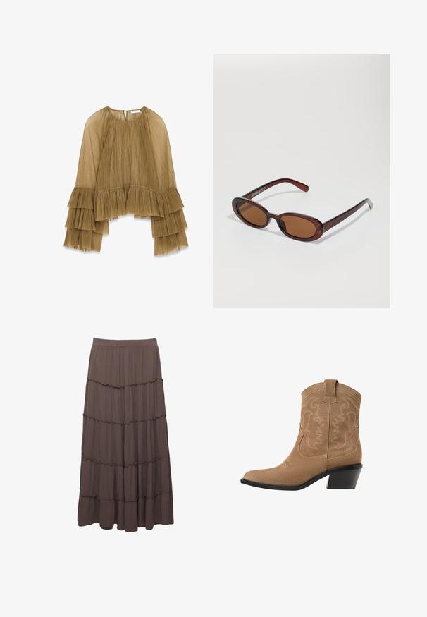 Haut plissé marron avec des manches évasées, présentant des volants superposés aux poignets et au cou. Fabriqué à partir d'un tissu léger et texturé.; Jupe maxi en couches de couleur marron, fabriquée en tissu léger. Elle présente trois volants horizontaux et une taille élastique pour plus de confort.; Bottines western en daim marron avec un bout pointu, un design brodé et un petit talon noir empilé. Comprend des tirettes pour un enfilage facile.; Lunettes de soleil rondes teinte brun avec une monture bordeaux brillante. Branches fines avec un détail de marque subtil. Design de verres plats.; Sac fourre-tout en suède marron présentant un design triangulaire, de longues poignées pour l'épaule et un grand dessus ouvert avec un détail de poignée découpé.
